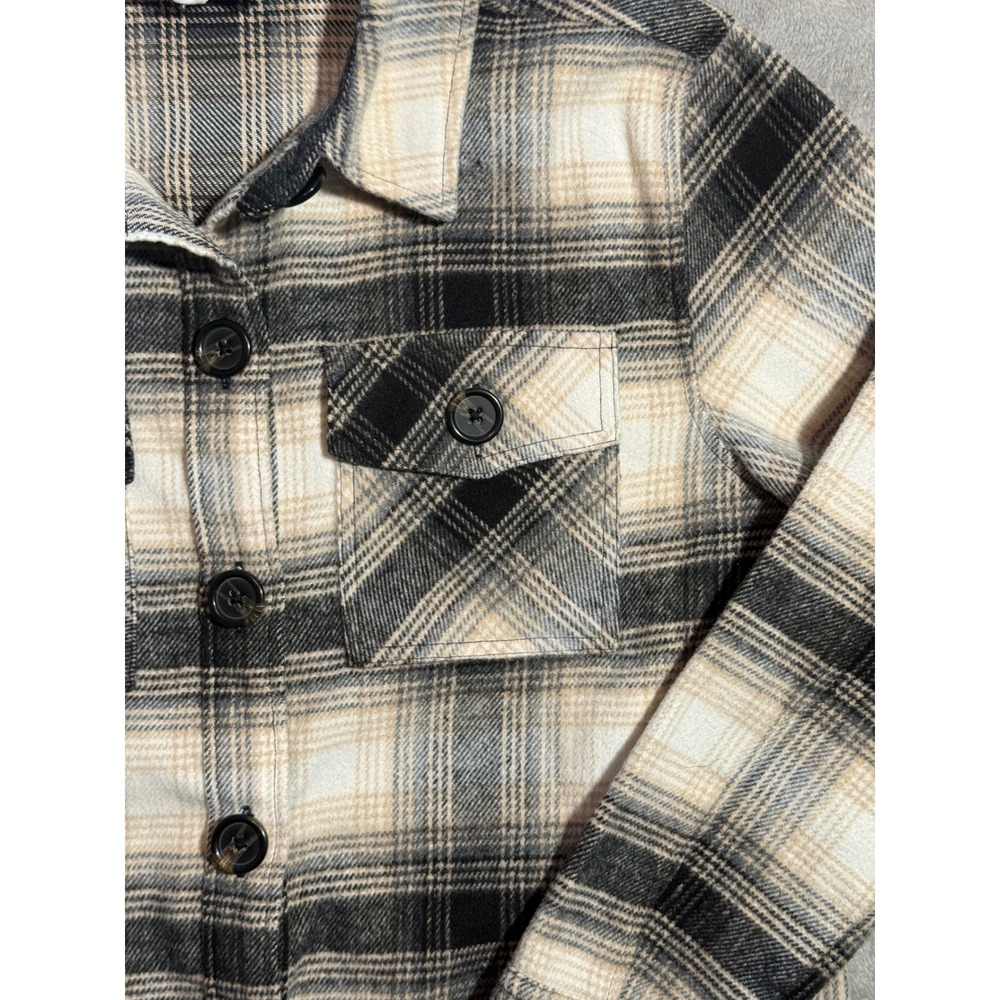 Women's Steve Madden Plaid Jacket Black Tan Cream Flannel Jacket CL42549W M - Picture 2 of 9